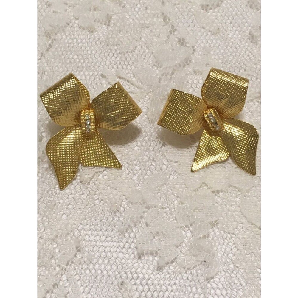 Vintage Bow Earrings with Rhinestones Textured 3D Pierced Elegant